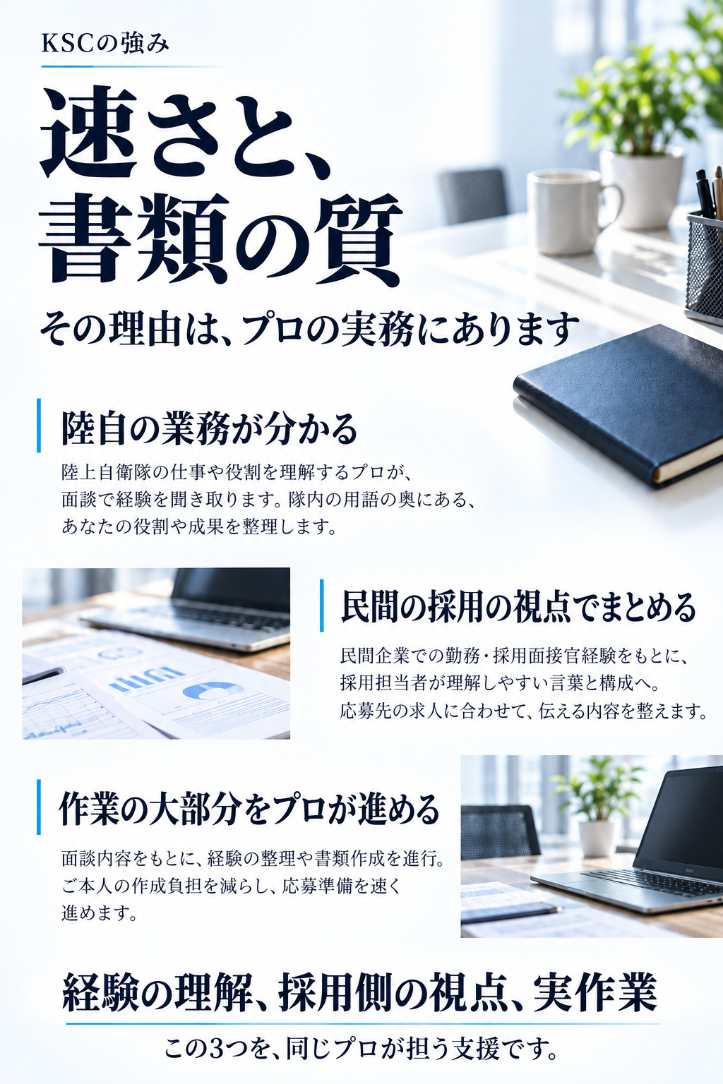 KSCの強み

速さと、書類の質
その理由は、プロの実務にあります

陸自の業務が分かる
陸上自衛隊の仕事や役割を理解するプロが、面談で経験を聞き取ります。隊内の用語の奥にある、あなたの役割や成果を整理します。

民間の採用の視点でまとめる
民間企業での勤務・採用面接官経験をもとに、採用担当者が理解しやすい言葉と構成へ。応募先の求人に合わせて、伝える内容を整えます。

作業の大部分をプロが進める
面談内容をもとに、経験の整理や書類作成を進行。ご本人の作成負担を減らし、応募準備を速く進めます。

経験の理解、採用側の視点、実作業
この3つを、同じプロが担う支援です。
