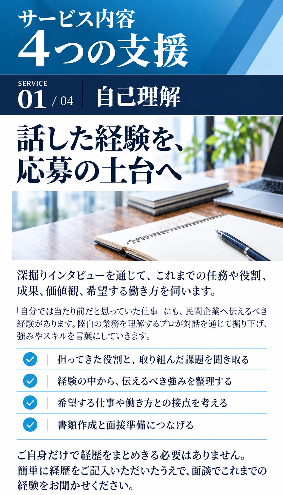 サービス内容
4つの支援

SERVICE 01 / 04
自己理解
話した経験を、
応募の土台へ

深掘りインタビューを通じて、これまでの任務や役割、成果、価値観、希望する働き方を伺います。

「自分では当たり前だと思っていた仕事」にも、民間企業へ伝えるべき経験があります。陸自の業務を理解するプロが対話を通じて掘り下げ、強みやスキルを言葉にしていきます。

・担ってきた役割と、取り組んだ課題を聞き取る
・経験の中から、伝えるべき強みを整理する
・希望する仕事や働き方との接点を考える
・書類作成と面接準備につなげる

ご自身だけで経歴をまとめきる必要はありません。
簡単に経歴をご記入いただいたうえで、面談でこれまでの経験をお聞かせください。