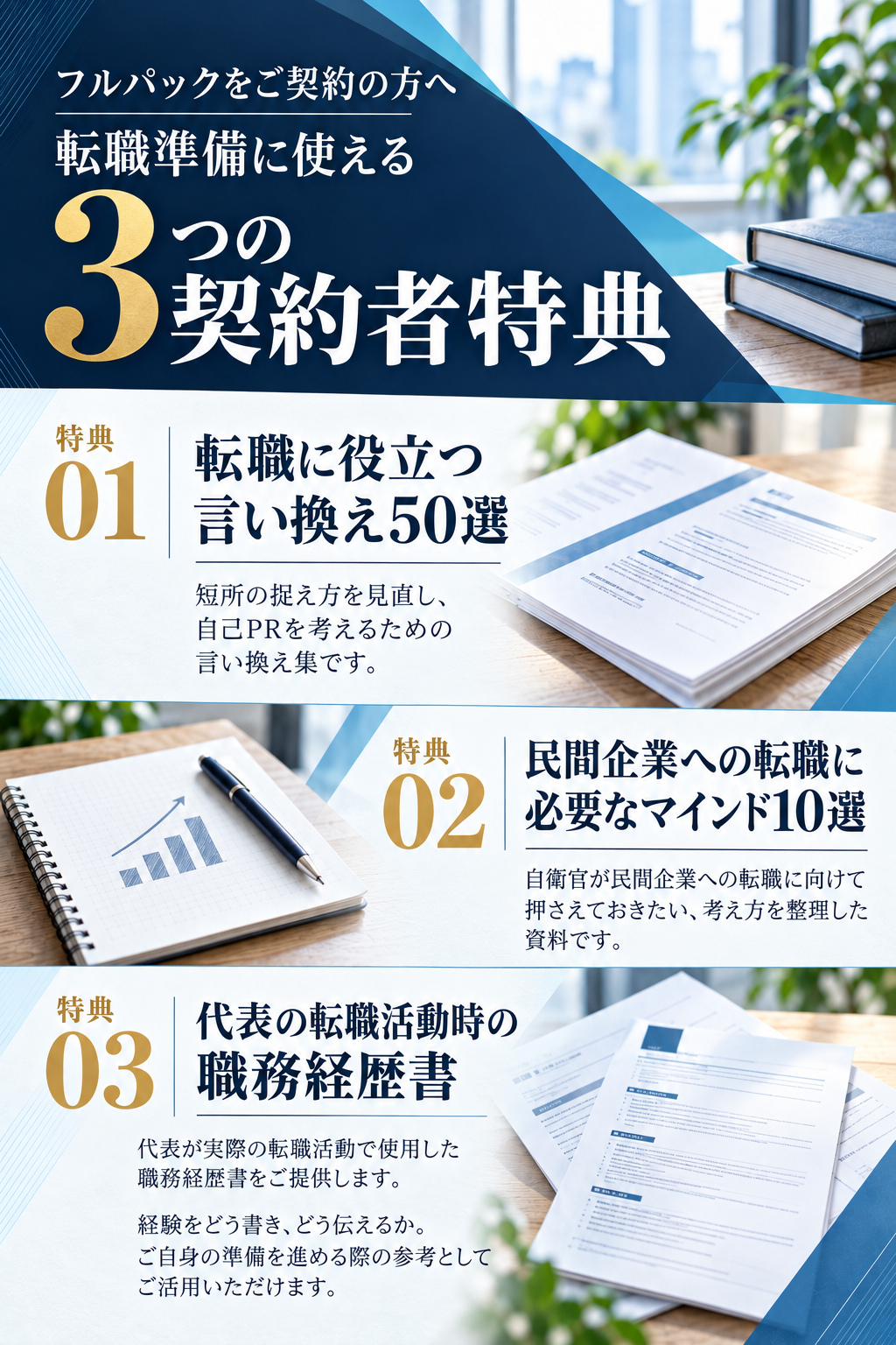 フルパックをご契約の方へ
転職準備に使える
3つの契約者特典

特典01｜転職に役立つ言い換え50選
短所の捉え方を見直し、自己PRを考えるための言い換え集です。

特典02｜民間企業への転職に必要なマインド10選
自衛官が民間企業への転職に向けて押さえておきたい、考え方を整理した資料です。

特典03｜代表の転職活動時の職務経歴書
代表が実際の転職活動で使用した職務経歴書をご提供します。

経験をどう書き、どう伝えるか。
ご自身の準備を進める際の参考としてご活用いただけます。